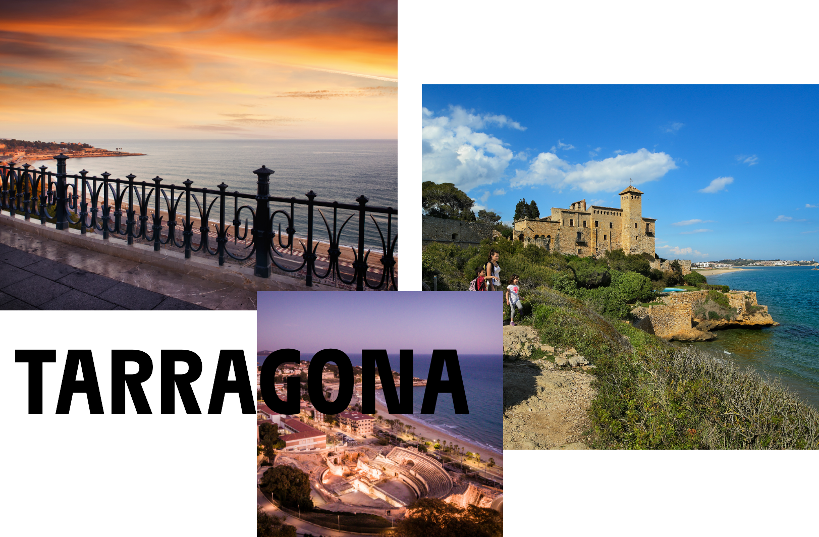 Collage Tarragona. Amfiteatre romà de Tarragona. Autoria: Isaias Mena / Balcó del Mediterrani a Tarragona. Autoria: Isaias Mena / Castell del poble medieval de Tamarit. Autoria: Rafa Lopez Monne