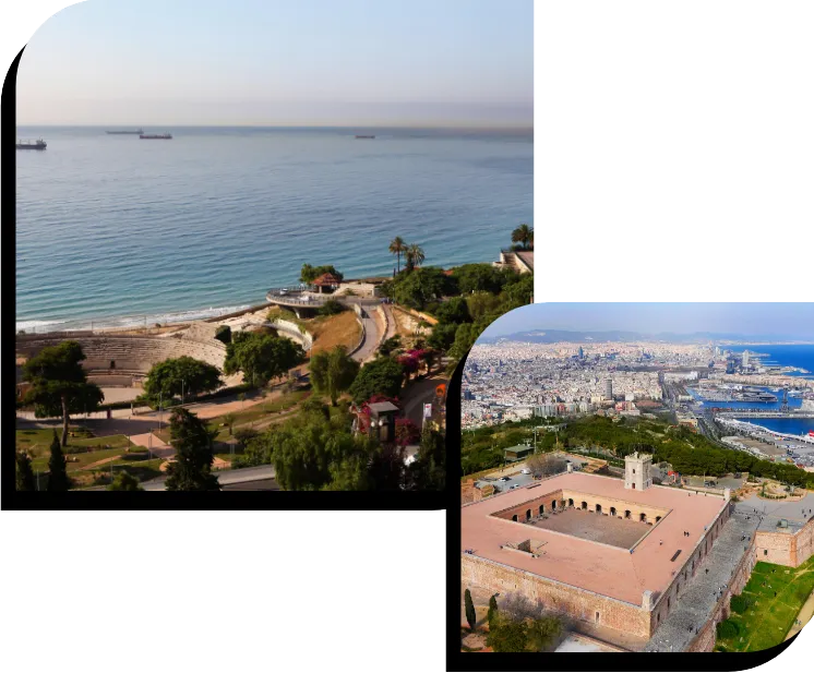 Amfiteatre romà de Tarragona, amb el mar de fons. Autoria: Manel Granell / Vista panoràmica de Barcelona amb el Castell de Montjuïc i el Port. Autoria: HEMAV Amfiteatre romà de Tarragona, amb el mar de fons. Autoria: Manel Granell / Vista panoràmica de Barcelona amb el Castell de Montjuïc i el Port. Autoria: HEMAV